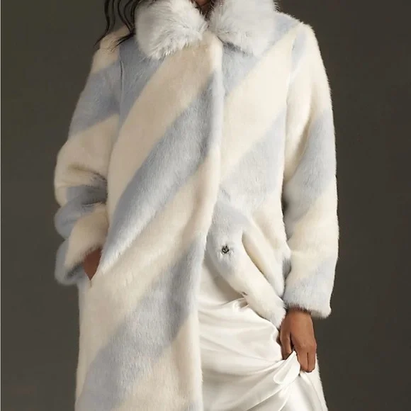 Mauve Anthropologie Powder Blue Ivory Faux Fur Long Coat | XL - Picture 8 of 9